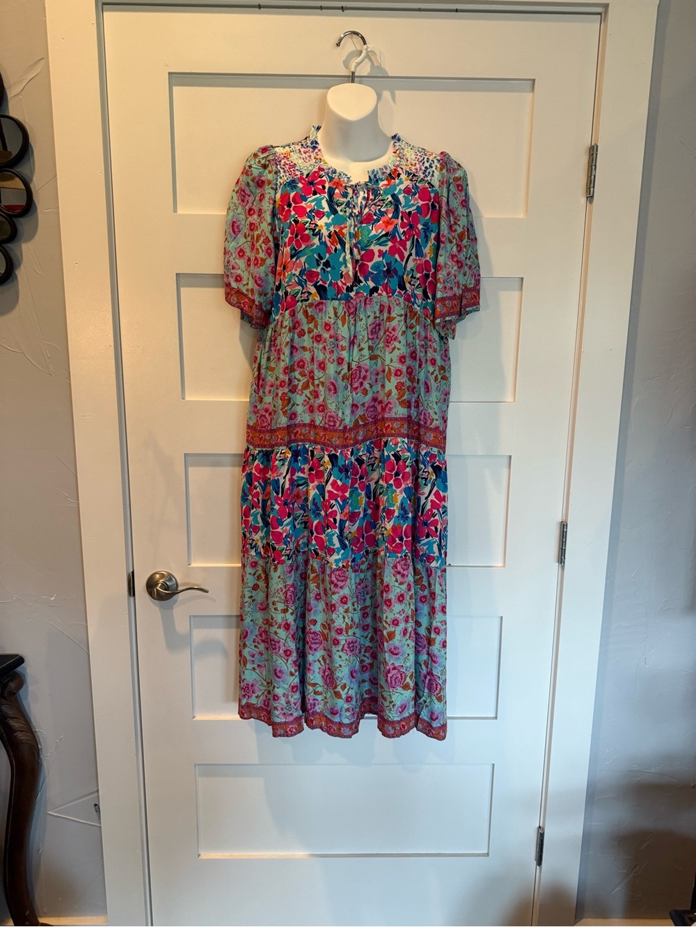 Umgee Teal and Fuchsia Floral Tiered Midi Dress
